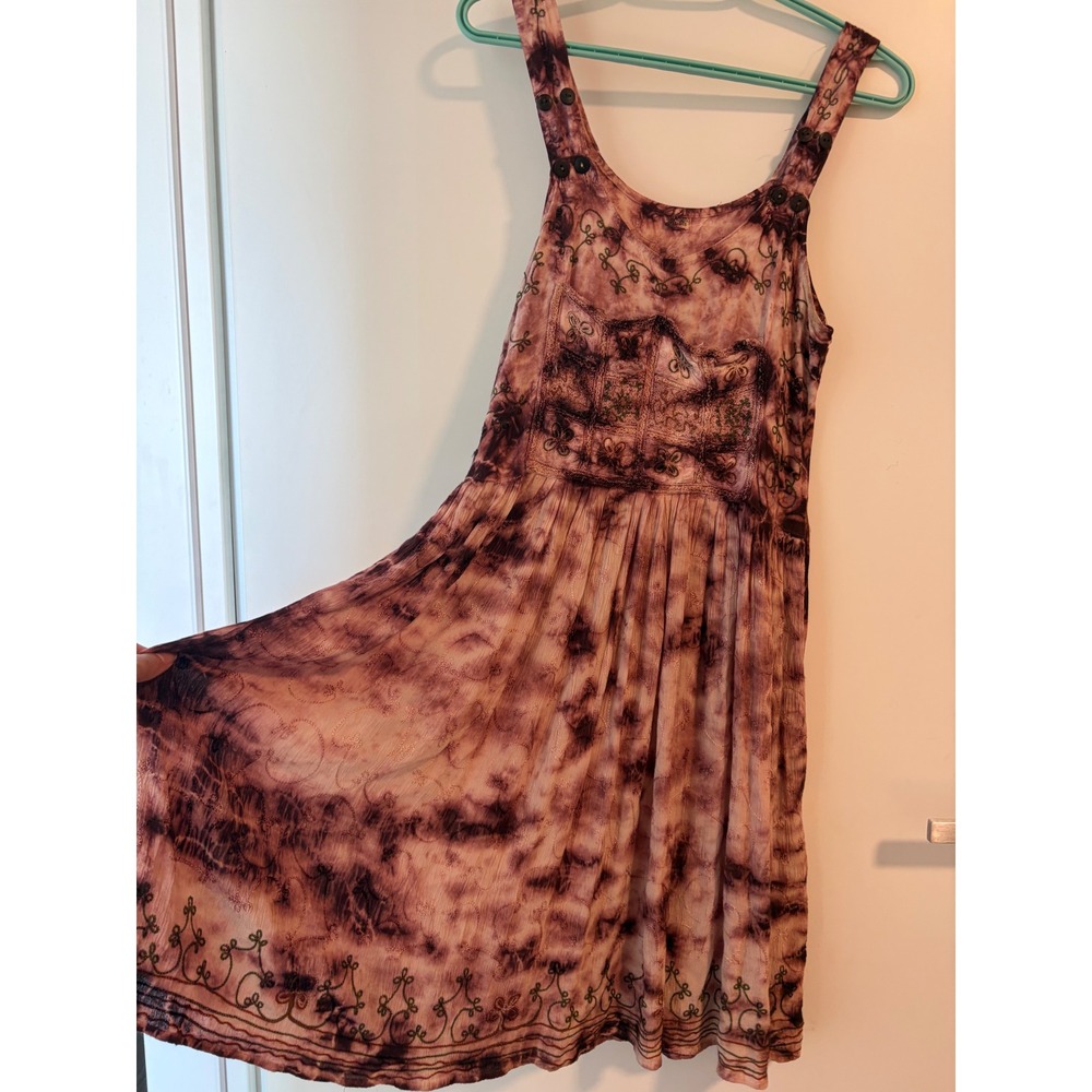 Vintage Tie Dye Embroidered Rayon Midi Dress Purple Pink Boho Free Size